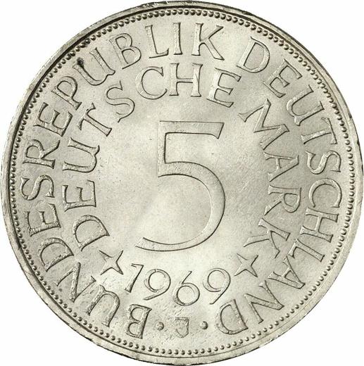 Аверс монеты - 5 марок 1969 года J - цена серебряной монеты - Германия, ФРГ
