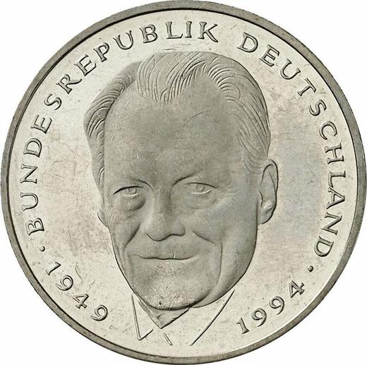 Аверс монеты - 2 марки 1995 года F "Вилли Брандт" - цена  монеты - Германия, ФРГ