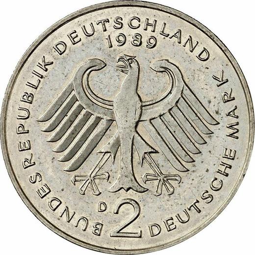 Reverso 2 marcos 1989 D "Ludwig Erhard" - valor de la moneda  - Alemania, RFA