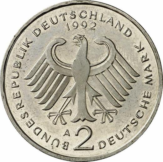 Reverse 2 Mark 1992 A "Kurt Schumacher" -  Coin Value - Germany, FRG