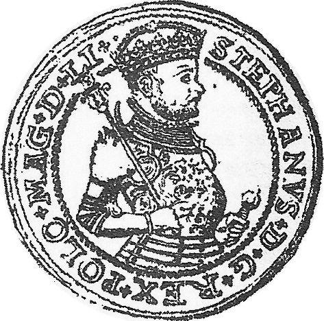 Awers monety - 10 Dukatów (Portugał) 1586 "Ryga" - cena złotej monety - Polska, Stefan Batory
