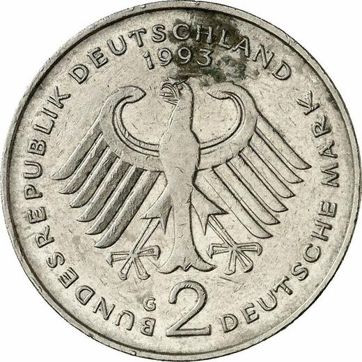 Реверс монеты - 2 марки 1993 года G "Людвиг Эрхард" - цена  монеты - Германия, ФРГ