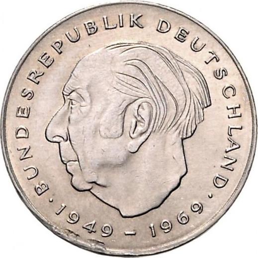 Аверс монеты - 2 марки 1970-1987 года "Теодор Хойс" Гурт гладкий - цена  монеты - Германия, ФРГ