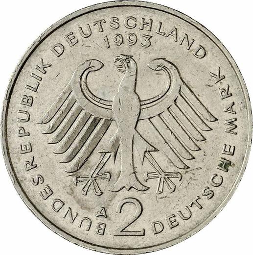 Reverse 2 Mark 1993 A "Kurt Schumacher" -  Coin Value - Germany, FRG