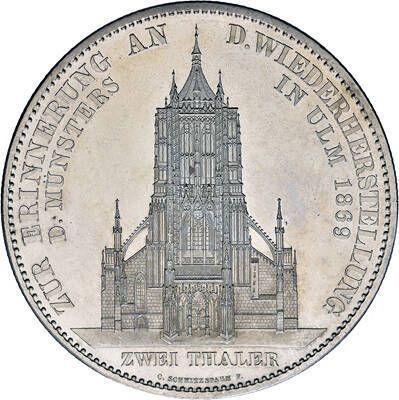 Reverso 2 táleros 1869 "Restauración de la catedral de Ulm" - valor de la moneda de plata - Wurtemberg, Carlos I