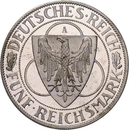 Аверс монеты - 5 рейхсмарок 1930 года A "Освобождение Рейнской области" - цена серебряной монеты - Германия, Bеймарская республика