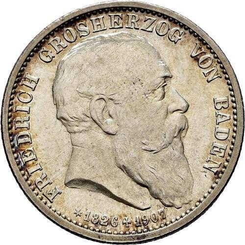 Аверс монеты - 2 марки 1907 года "Баден" Смерть Фридриха I Инкузный брак - цена серебряной монеты - Германия, Германская Империя