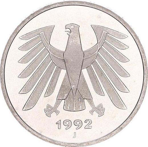 Reverso 5 marcos 1992 J - valor de la moneda  - Alemania, RFA