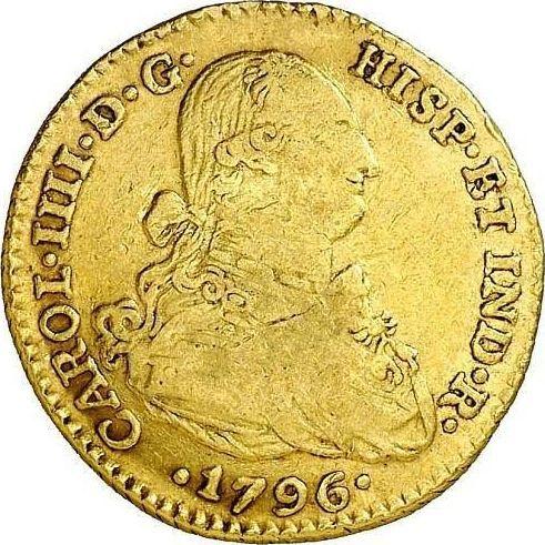 Аверс монеты - 2 эскудо 1796 года NR JJ - цена золотой монеты - Колумбия, Карл IV