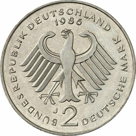 Reverso 2 marcos 1986 J "Theodor Heuss" - valor de la moneda  - Alemania, RFA