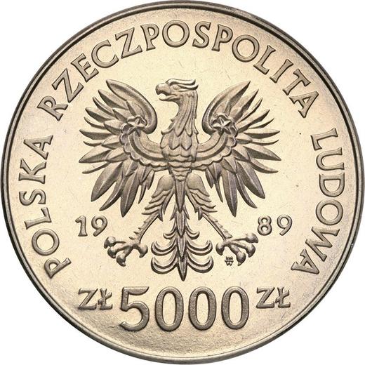 Аверс монеты - Пробные 5000 злотых 1989 года MW BCH "Хенрик Сухарский" Никель - цена  монеты - Польша, Народная Республика
