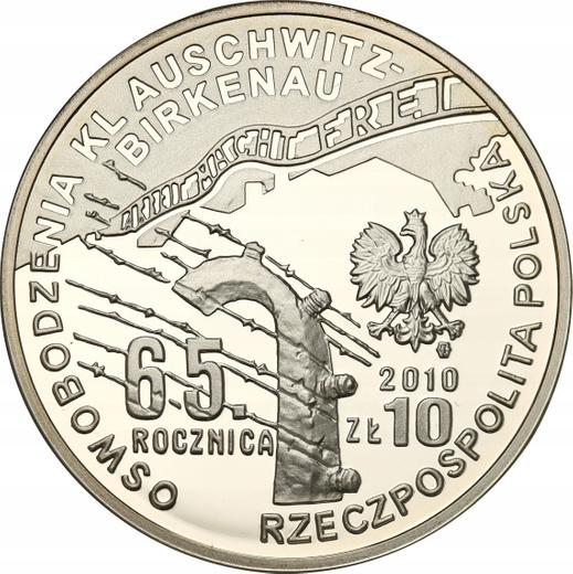 Anverso 10 eslotis 2010 MW RK "65 aniversario de la liberación del KL Auschwitz-Birkenau" - valor de la moneda de plata - Polonia, República moderna