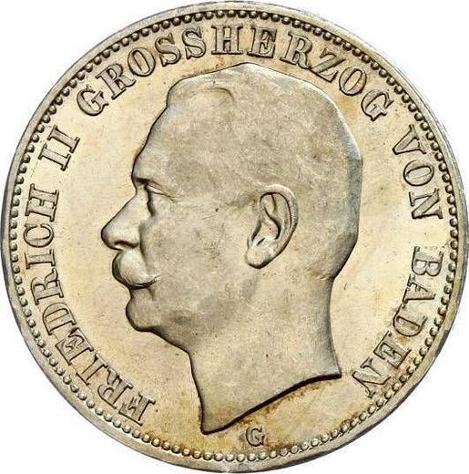 Аверс монеты - 3 марки 1909 года G "Баден" - цена серебряной монеты - Германия, Германская Империя