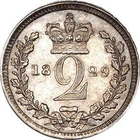Реверс монеты - 2 пенса 1829 года "Монди" - цена серебряной монеты - Великобритания, Георг IV