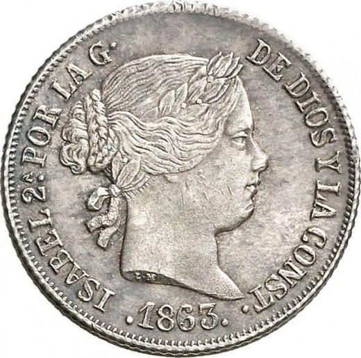 Аверс монеты - 2 реала 1863 года Семиконечные звёзды - цена серебряной монеты - Испания, Изабелла II