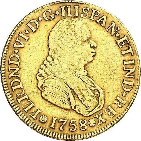 Anverso 4 escudos 1758 PN J - valor de la moneda de oro - Colombia, Fernando VI
