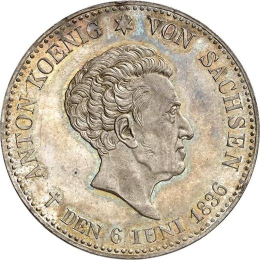 Anverso Tálero 1836 G "La muerte del rey" Canto "SEGEN DES BERGBAUS" - valor de la moneda de plata - Sajonia, Antonio