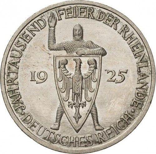 Аверс монеты - 5 рейхсмарок 1925 года F "Рейнланд" - цена серебряной монеты - Германия, Bеймарская республика
