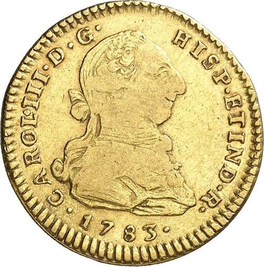 Awers monety - 2 escudo 1783 MI - cena złotej monety - Peru, Karol III