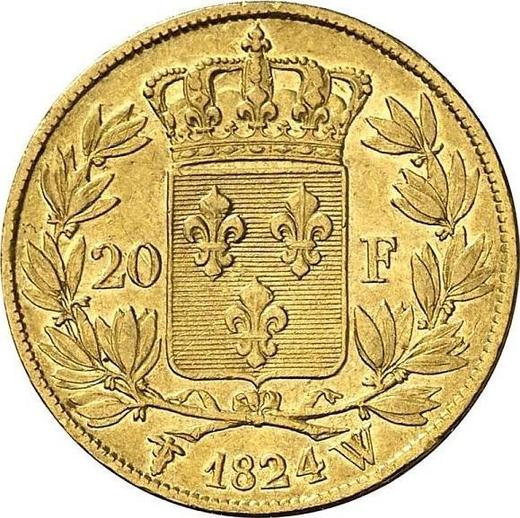 Reverse 20 Francs 1824 W "Type 1816-1824" Lille - Gold Coin Value - France, Louis XVIII