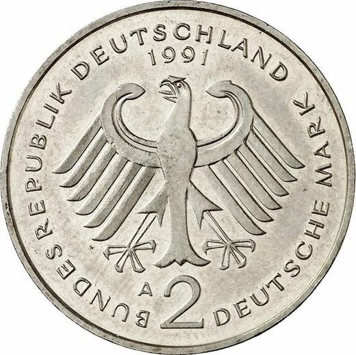 Reverse 2 Mark 1991 A "Franz Josef Strauss" -  Coin Value - Germany, FRG