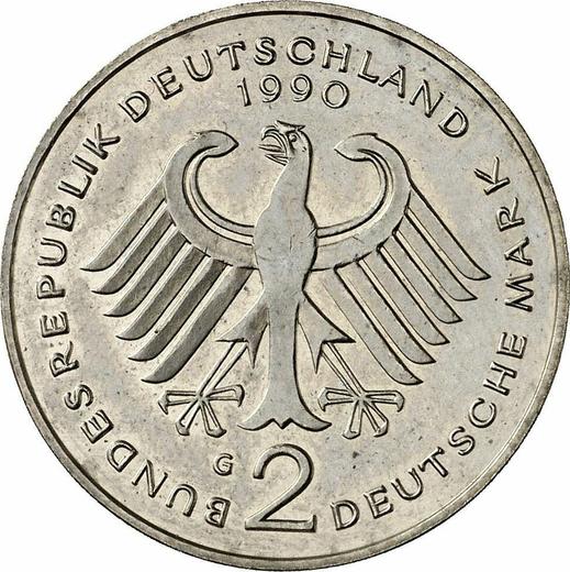 Rewers monety - 2 marki 1990 G "Ludwig Erhard" - cena  monety - Niemcy, RFN