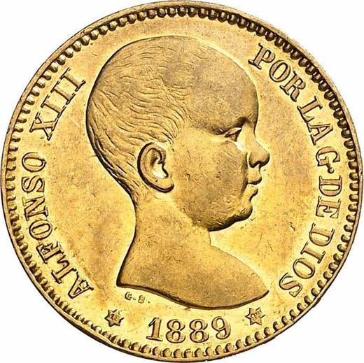 Аверс монеты - 20 песет 1889 года MPM - цена золотой монеты - Испания, Альфонсо XIII