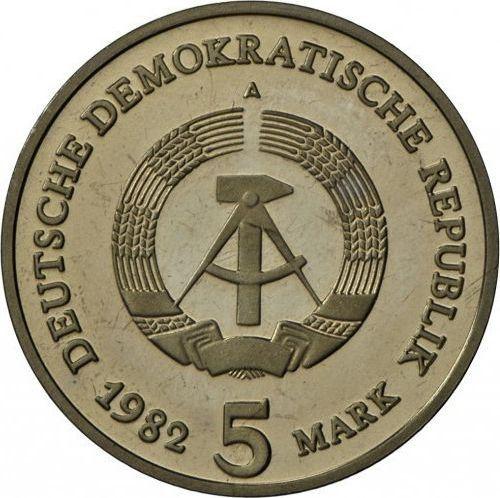 Reverso 5 marcos 1982 A "La Puerta de Brandeburgo" - valor de la moneda  - Alemania, República Democrática Alemana (RDA)