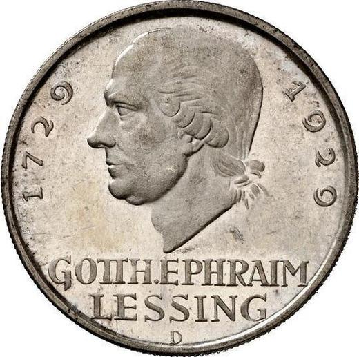 Reverso 5 Reichsmarks 1929 D "Lessing" - valor de la moneda de plata - Alemania, República de Weimar