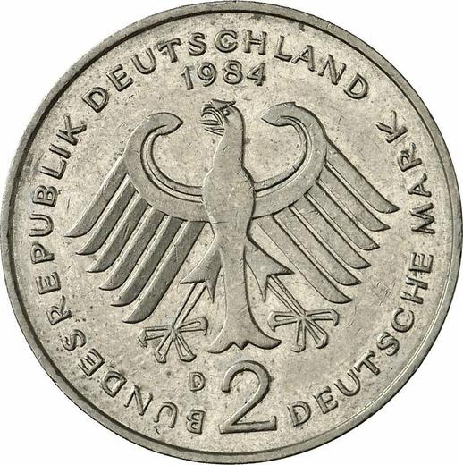 Reverso 2 marcos 1984 D "Kurt Schumacher" - valor de la moneda  - Alemania, RFA