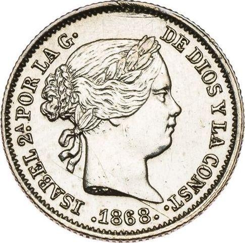 Аверс монеты - 10 сентимо эскудо 1868 года Шестиконечные звёзды - цена серебряной монеты - Испания, Изабелла II