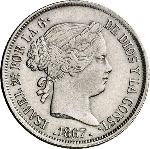 Аверс монеты - 40 сентимо эскудо 1867 года Шестиконечные звёзды - цена серебряной монеты - Испания, Изабелла II