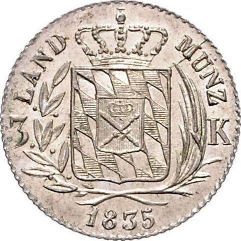 Rewers monety - 3 krajcary 1835 - cena srebrnej monety - Bawaria, Ludwik I