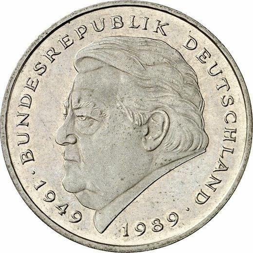 Аверс монеты - 2 марки 1990-2001 года "Франц Йозеф Штраус" Поворот штемпеля - цена  монеты - Германия, ФРГ
