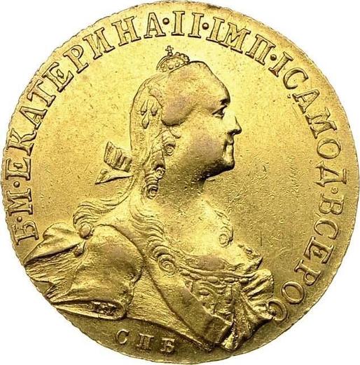 Anverso 10 rublos 1766 СПБ "Tipo San Petersburgo, sin bufanda" Retrato más estrecho - valor de la moneda de oro - Rusia, Catalina II