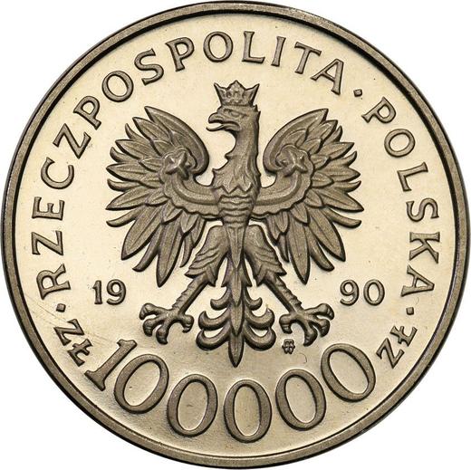 Аверс монеты - Пробные 100000 злотых 1990 года MW "10 лет профсоюзу "Солидарность"" - цена  монеты - Польша, III Республика до деноминации