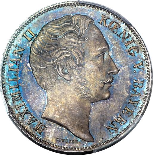 Аверс монеты - 1 гульден 1857 года - цена серебряной монеты - Бавария, Максимилиан II