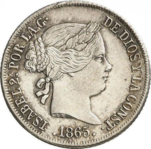 Аверс монеты - 20 сентимо эскудо 1865 года Семиконечные звёзды - цена серебряной монеты - Испания, Изабелла II