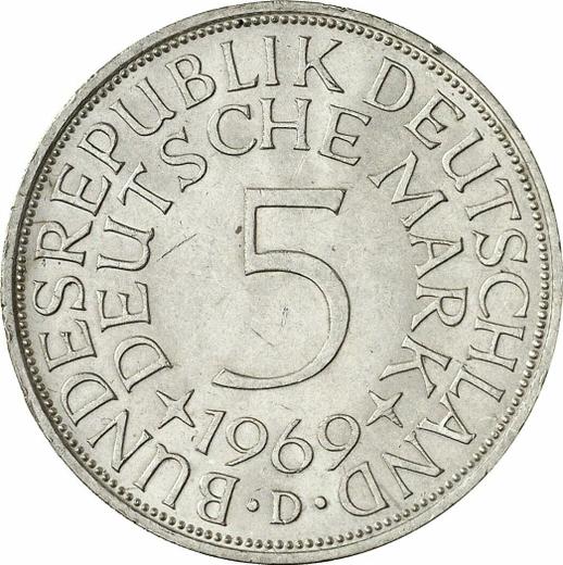 Anverso 5 marcos 1969 D - valor de la moneda de plata - Alemania, RFA