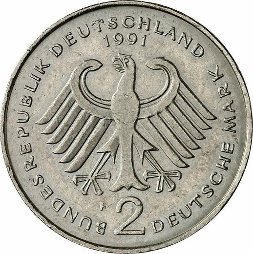 Rewers monety - 2 marki 1991 F "Ludwig Erhard" - cena  monety - Niemcy, RFN