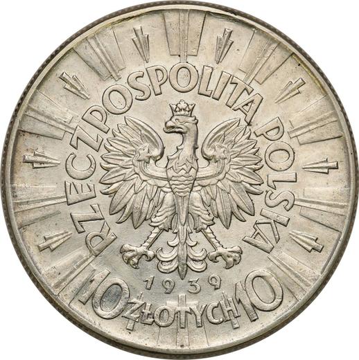 Аверс монеты - 10 злотых 1939 года "Юзеф Пилсудский" - цена серебряной монеты - Польша, II Республика