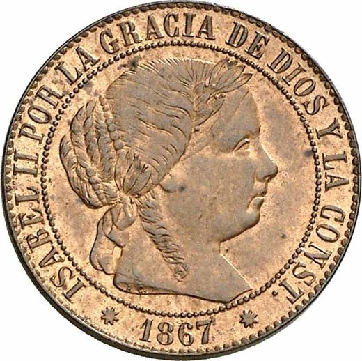 Аверс монеты - 1 сентимо эскудо 1867 года OM Восьмиконечные звёзды - цена  монеты - Испания, Изабелла II