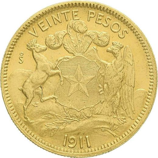 Реверс монеты - 20 песо 1911 года So - цена золотой монеты - Чили, Республика