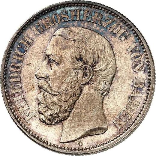 Аверс монеты - 2 марки 1876 года G "Баден" - цена серебряной монеты - Германия, Германская Империя