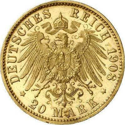 Reverso 20 marcos 1908 J "Hamburg" - valor de la moneda de oro - Alemania, Imperio alemán