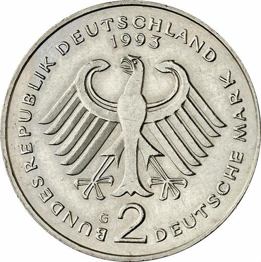 Reverso 2 marcos 1992 G "Franz Josef Strauß" - valor de la moneda  - Alemania, RFA