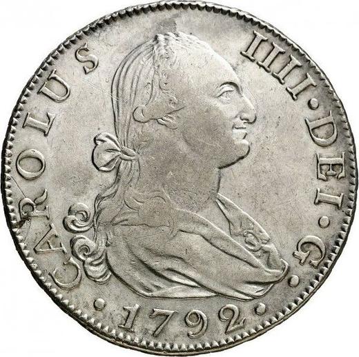 Аверс монеты - 8 реалов 1792 года S C - цена серебряной монеты - Испания, Карл IV