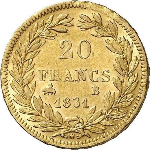 Реверс монеты - 20 франков 1831 года B "Гурт выпуклый" Руан - цена золотой монеты - Франция, Луи-Филипп I