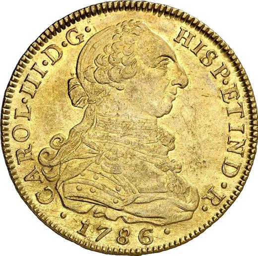 Аверс монеты - 8 эскудо 1786 года NR JJ - цена золотой монеты - Колумбия, Карл III