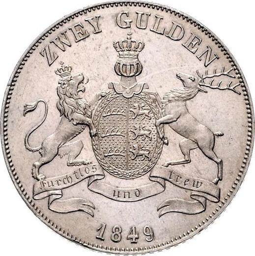 Реверс монеты - 2 гульдена 1849 года - цена серебряной монеты - Вюртемберг, Вильгельм I